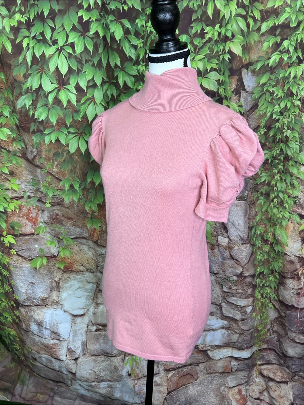 80 PARK Pink Turtleneck Ruched Puffy Short Sleeve Fitted Cottagecore Sweater, S - Picture 3 of 10